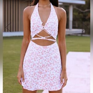 Hello Molly Pink and Yellow Floral Halter Mini Dress